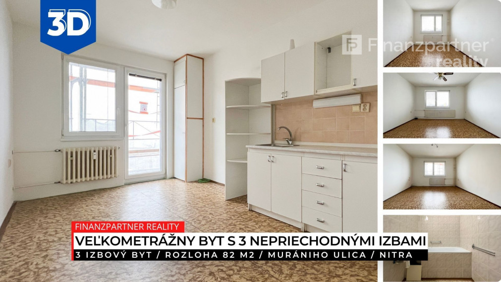 3 izbový veľkometrážny byt 82 m2, Murániho, Nitra + 3D