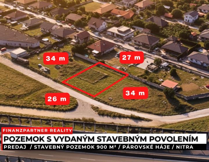 Stavebný pozemok s povolenim 900 m², Párovské Háje, Nitra