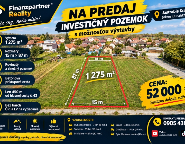 Na predaj investičný pozemok o rozlohe 1275m2 Jastrabie Kračany