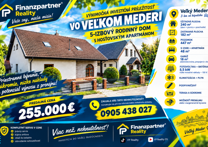 INVESTIČNÁ PRÍLEŽITOSŤ VO VEĽKOM MEDERI – 5-IZBOVÝ RODINNÝ DOM S HOSŤOVSKÝM APARTMÁNOM